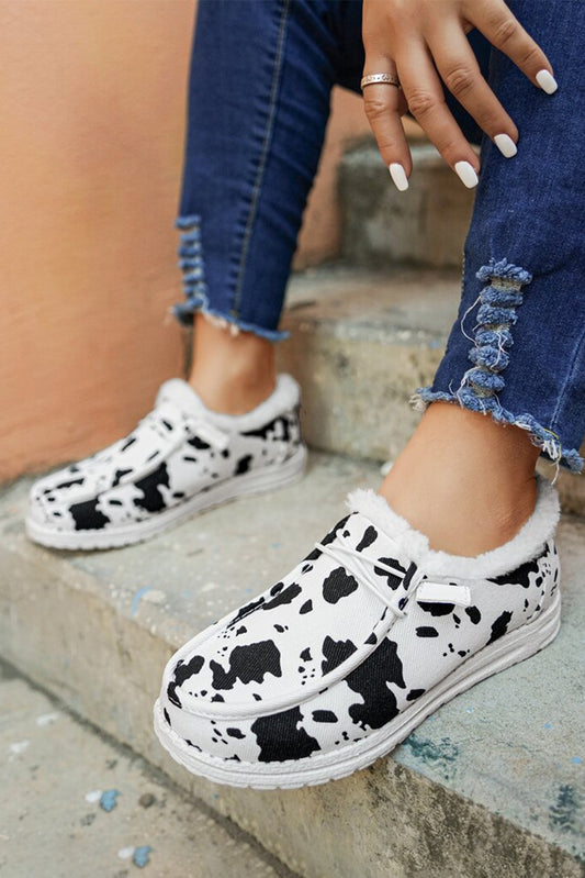 Bright White Cow Pattern Lace-up Decor Front Slip-on Flats - LA Grand