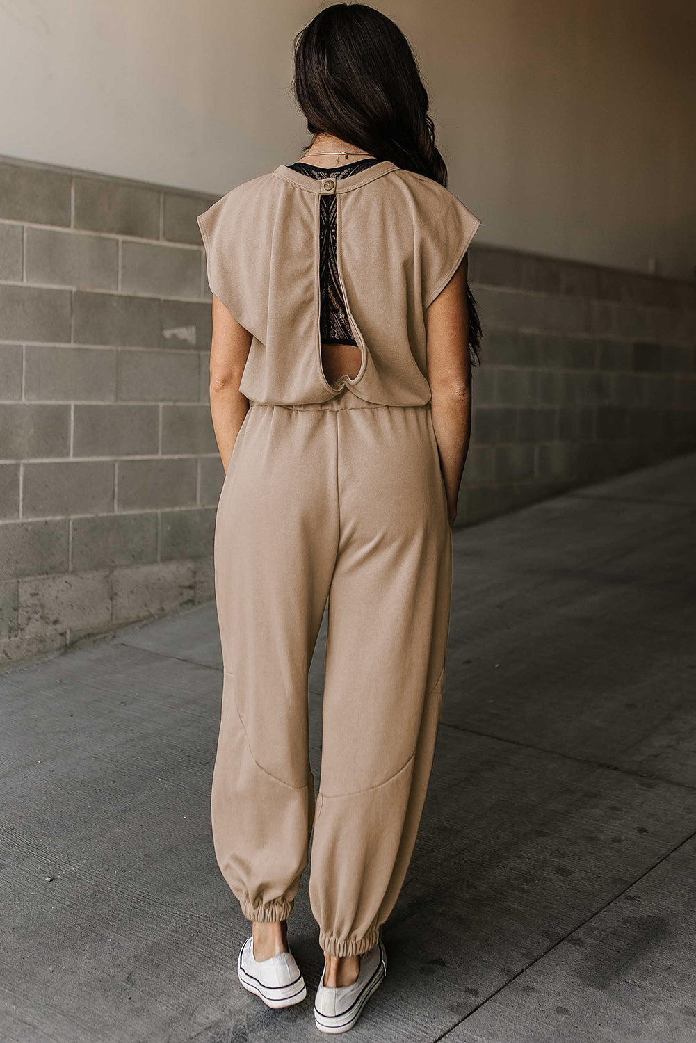 Light French Beige Cap Sleeve Open Back Drawstring Jogger Jumpsuit - LA Grand