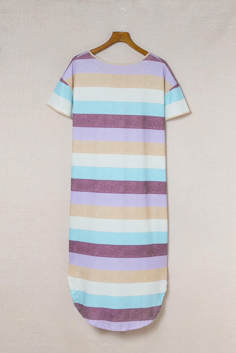 Striped Color Block V Neck T Shirt Midi Dress - LA Grand