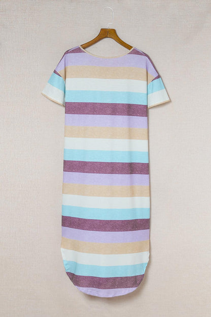 Striped Color Block V Neck T Shirt Midi Dress - LA Grand