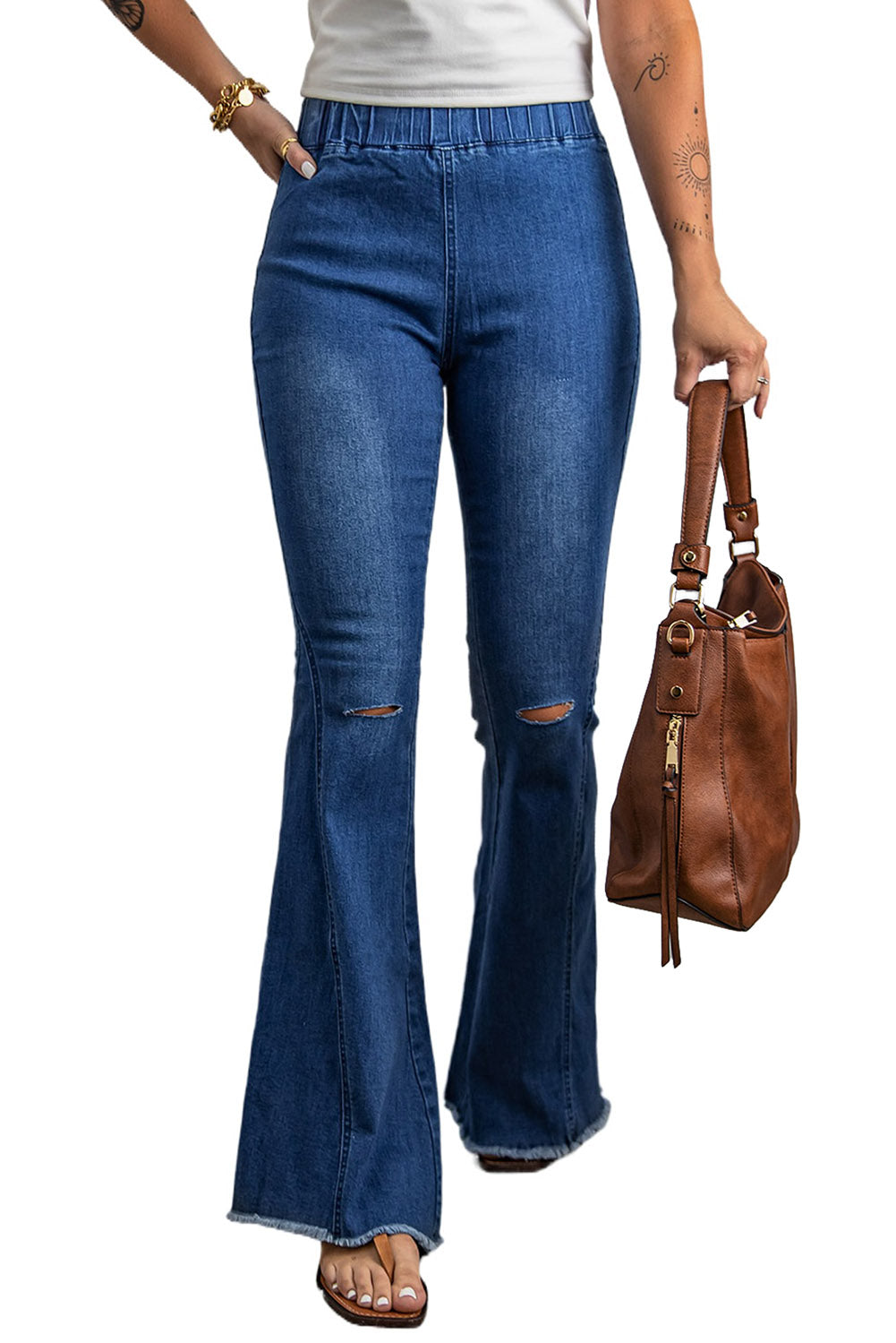 Sky Blue Distressed Bell Bottom Denim Pants - LA Grand