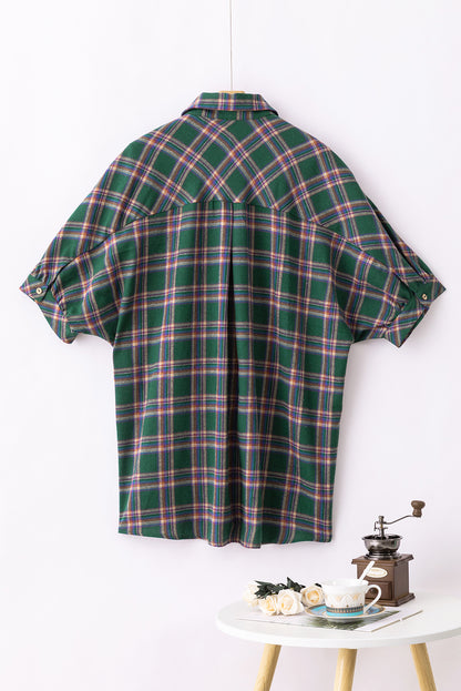 Green Oversized Plaid Half Sleeve Tunic Shirt - LA Grand