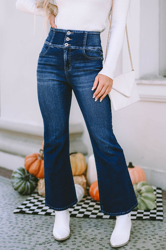 Blue Buttons Elastic Wide Waistband Back Flare Jeans - LA Grand