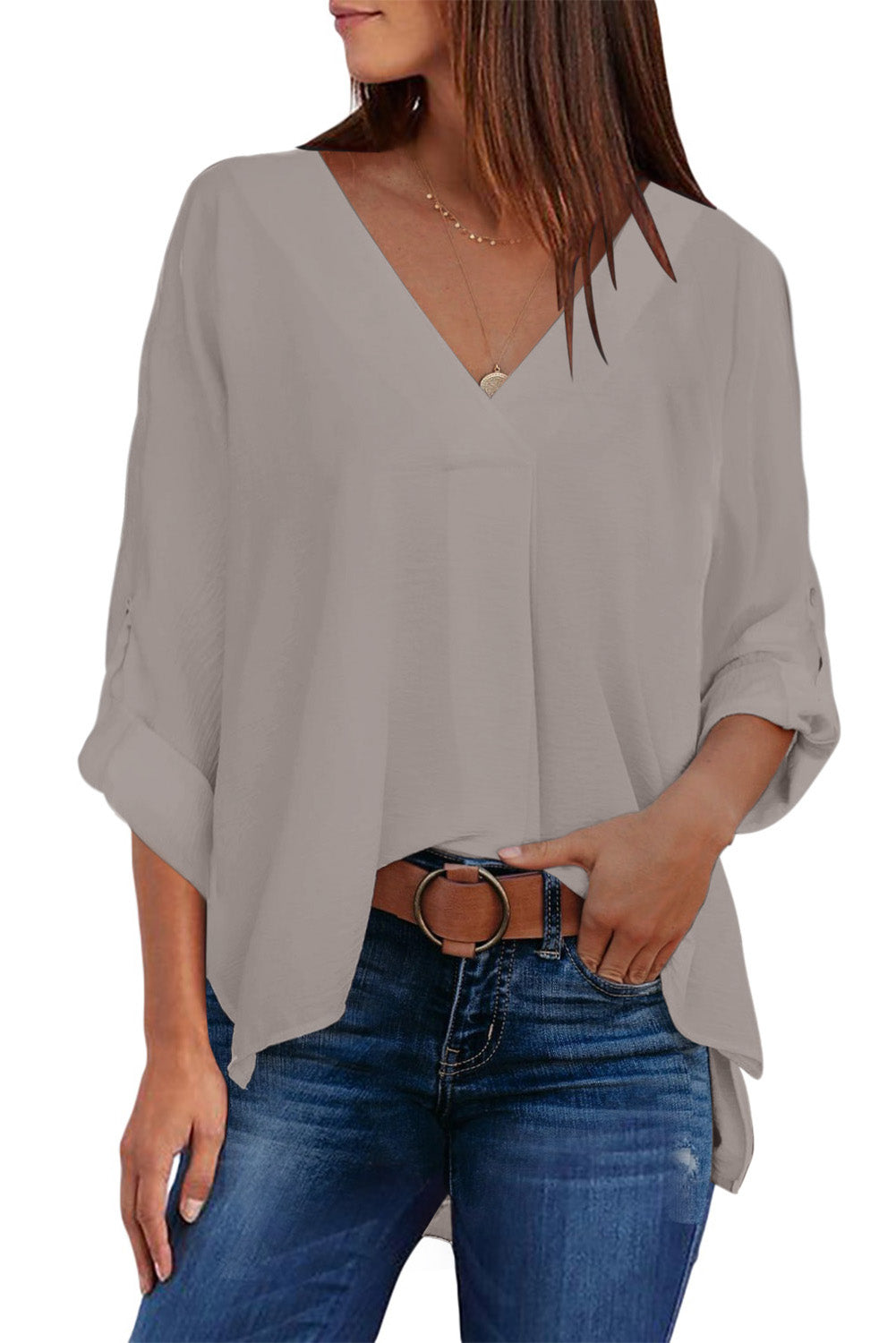 Blue V Neck 3/4 Sleeve High Low Hem Shirt - LA Grand