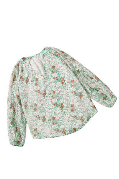 White Floral Print V Neck Long Puff Sleeve Top - LA Grand