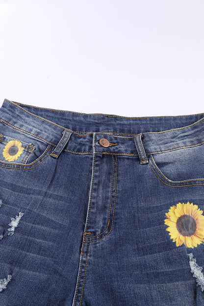 Leopard Patchwork Sunflower Print Distressed High Waist Jeans - LA Grand