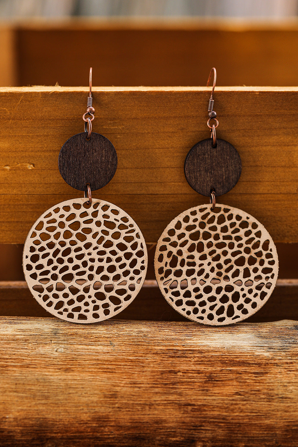 Beige Hollow Out Wooden Round Drop Earrings - LA Grand