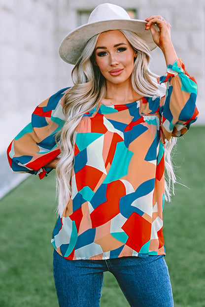 Abstract Pattern Crewneck Ruffled Puff Sleeve Blouse - LA Grand