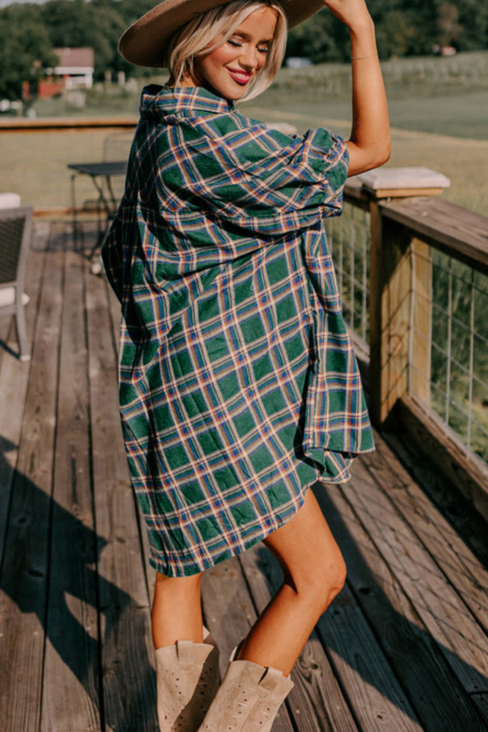 Green Oversized Plaid Half Sleeve Tunic Shirt - LA Grand