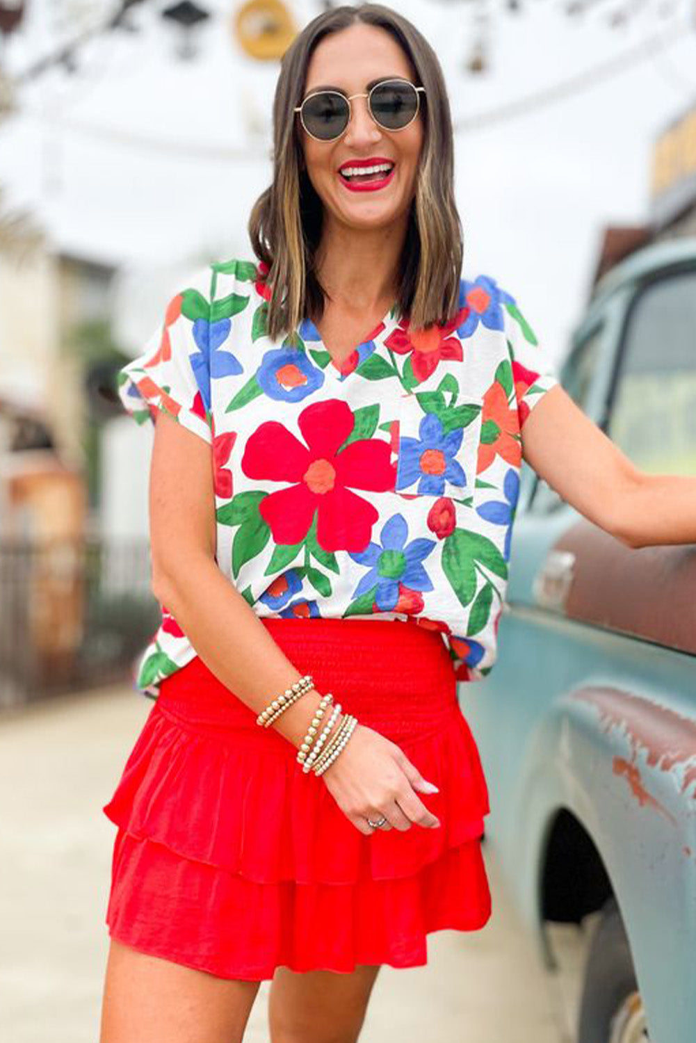 Flower Print Chest Pocket V Neck Blouse - LA Grand