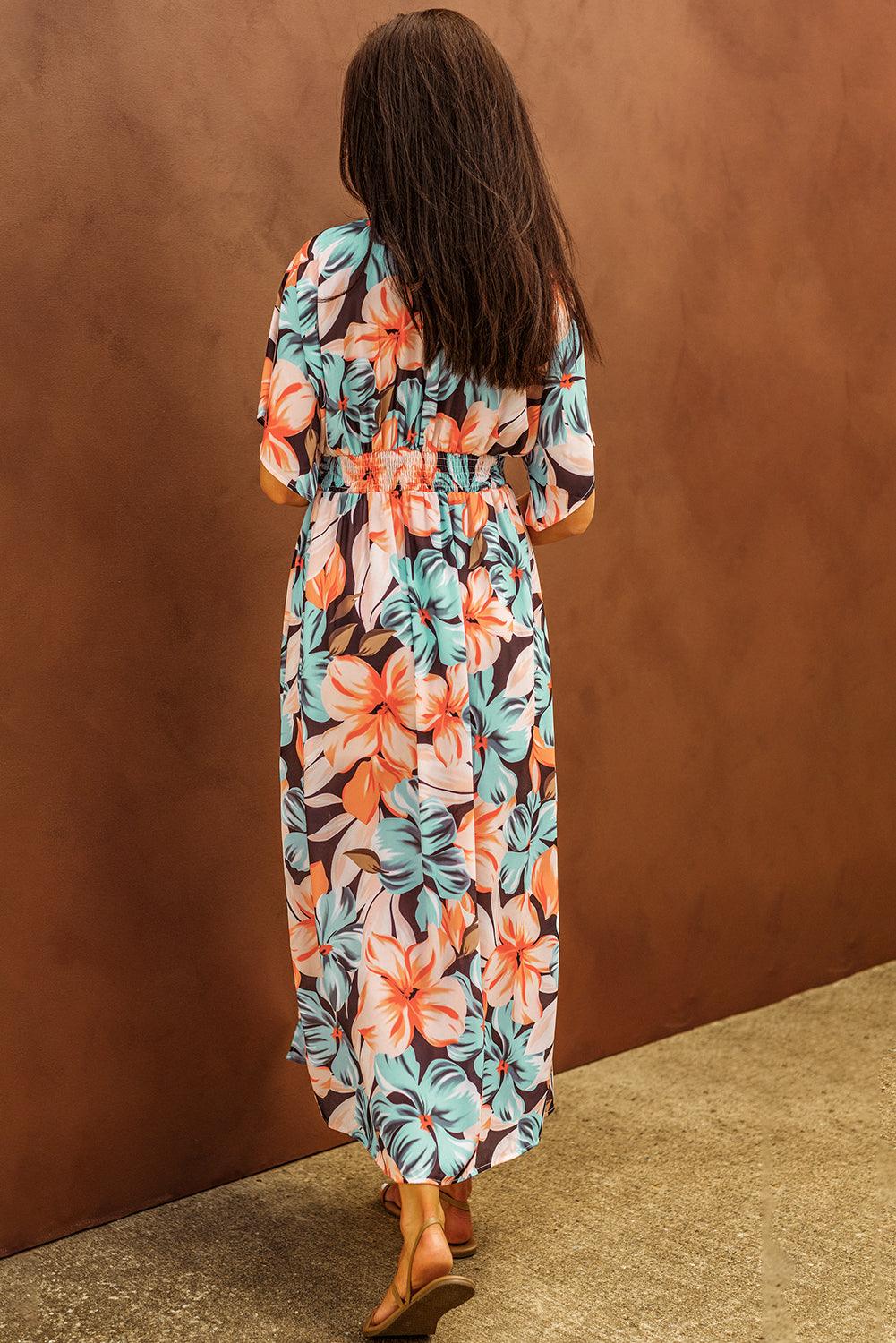 Orange Floral Kimono Long Dress with Slit - LA Grand