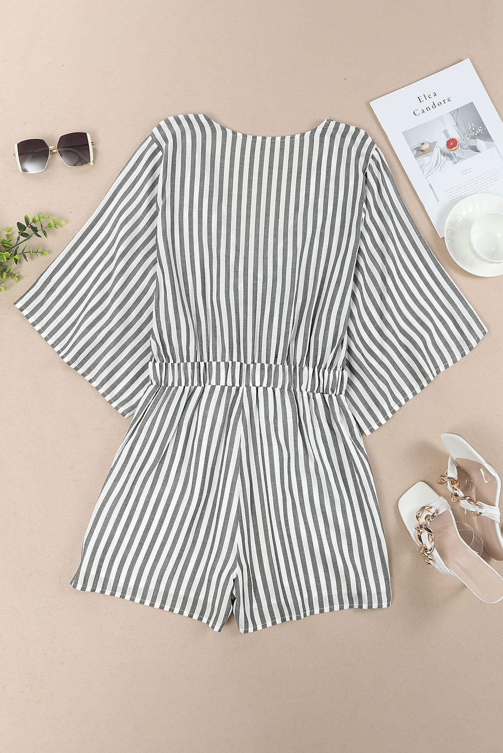 Gray 3/4 Wide Kimono Sleeves Tie Front Striped Romper with Pockets - LA Grand