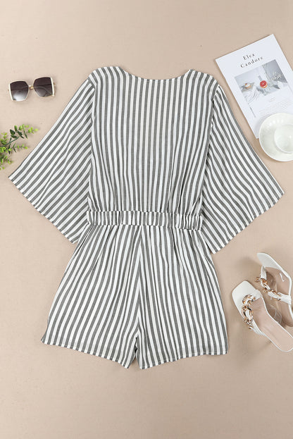 Gray 3/4 Wide Kimono Sleeves Tie Front Striped Romper with Pockets - LA Grand