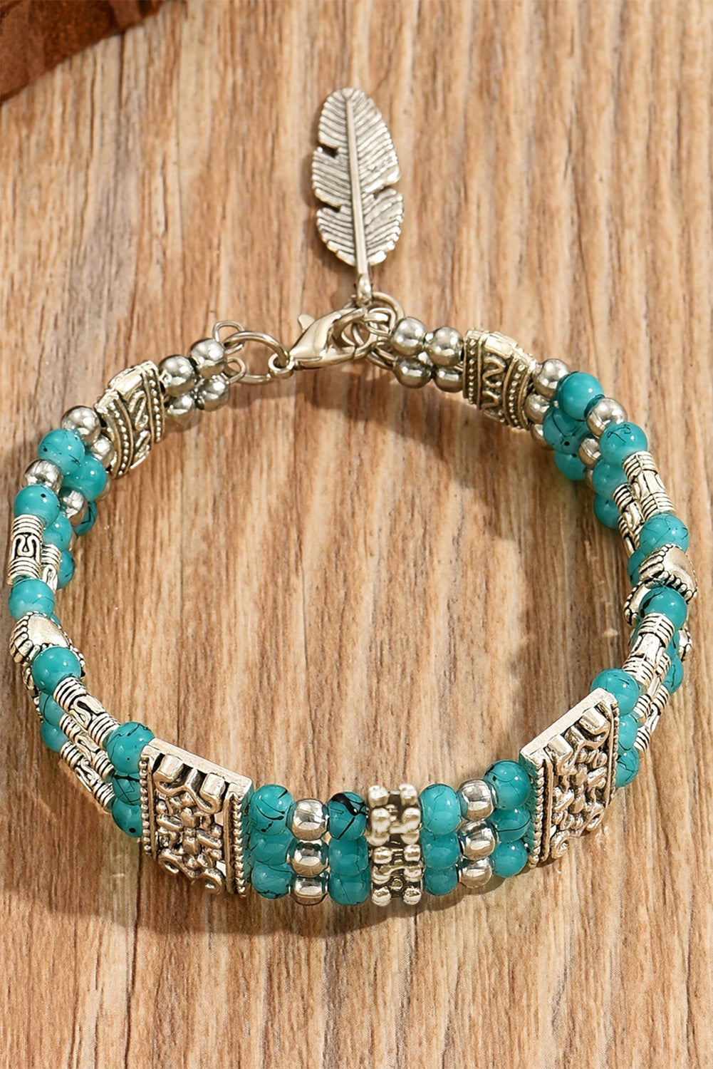 Green Boho Turquoise Beaded Geometric Carved Feather Bracelet - LA Grand