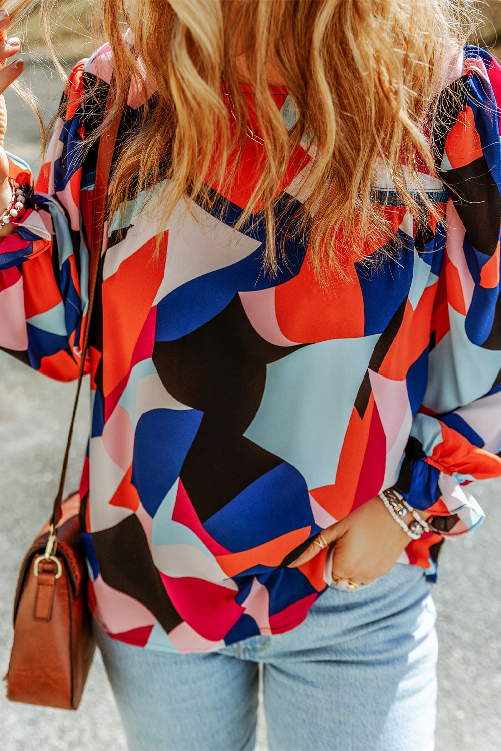 Abstract Pattern Crewneck Ruffled Puff Sleeve Blouse - LA Grand