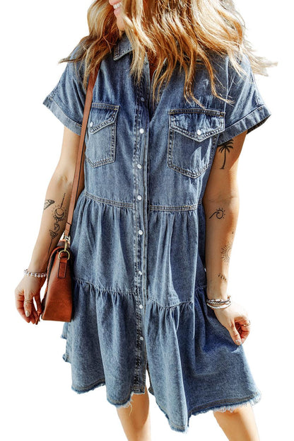 Frayed Pocket Button-Front Denim Mini Dress - LA Grand