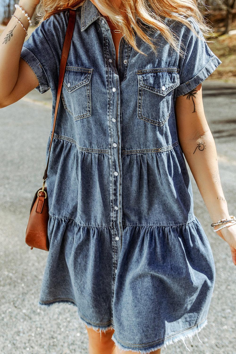 Frayed Pocket Button-Front Denim Mini Dress - LA Grand