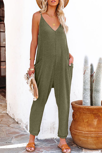 Blue Textured Sleeveless V-Neck Pocketed Casual Jumpsuit - LA Grand