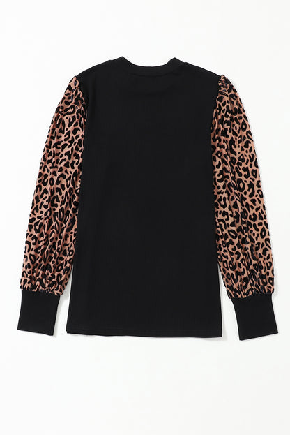 Apricot Leopard Print Long Sleeve Ribbed Knit Blouse - LA Grand