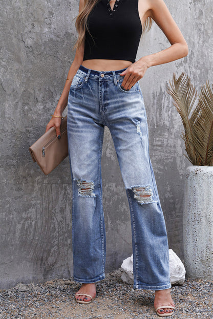 Blue High Waist Distressed Ripped Hole Flare Jeans - LA Grand