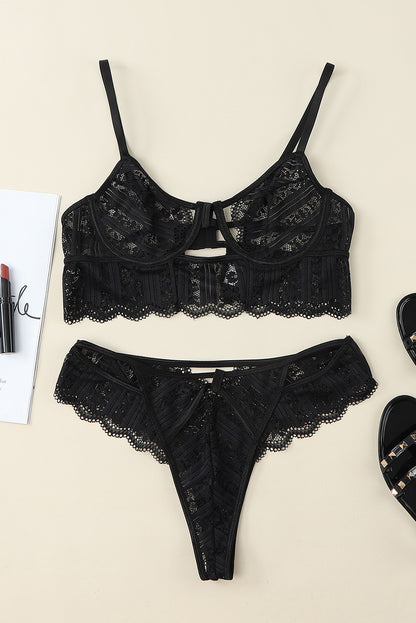 Black Spaghetti Strap Lace Bralette Set - LA Grand