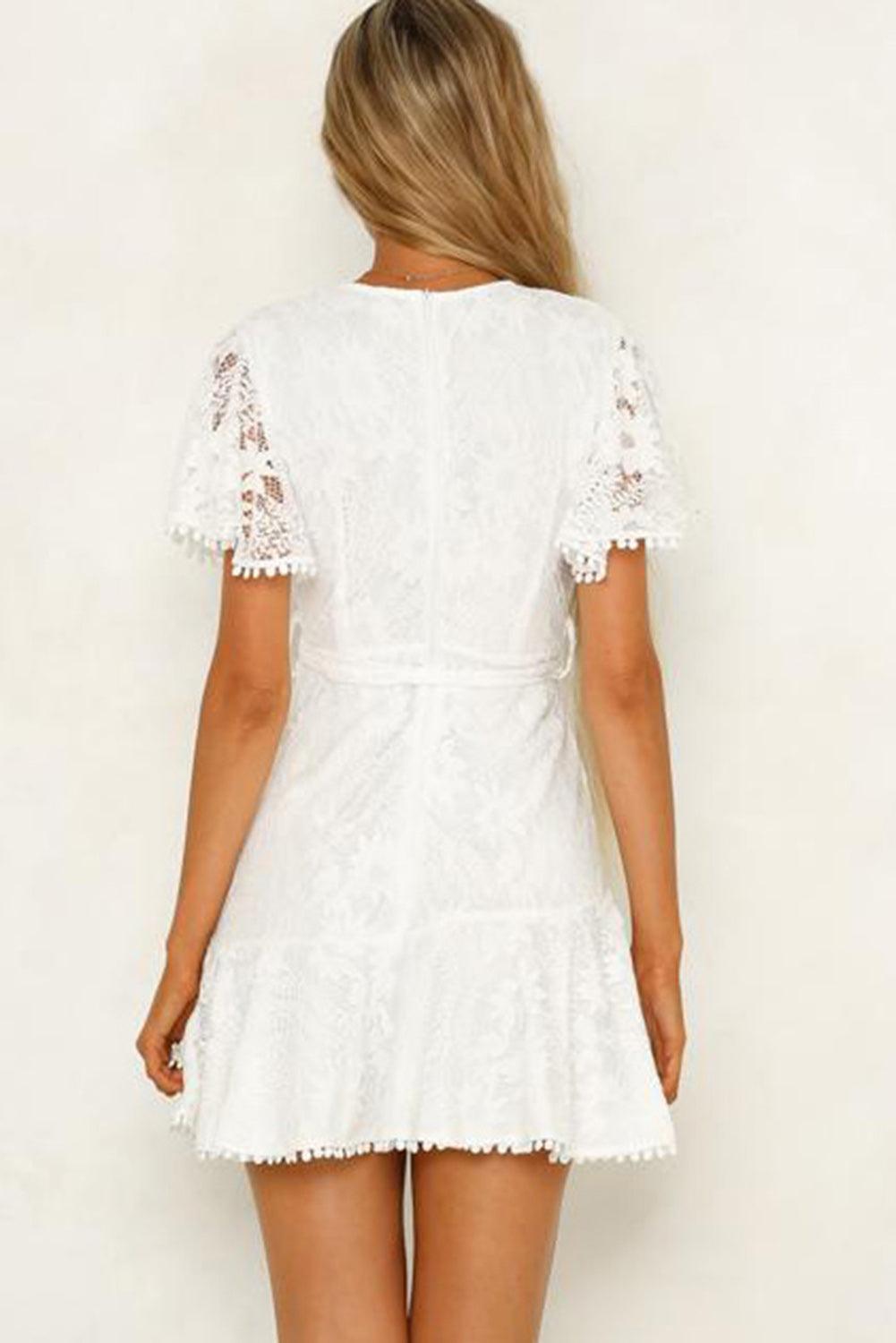 White Flutter Sleeve Wrap V Neck Floral Lace Short Dress - LA Grand