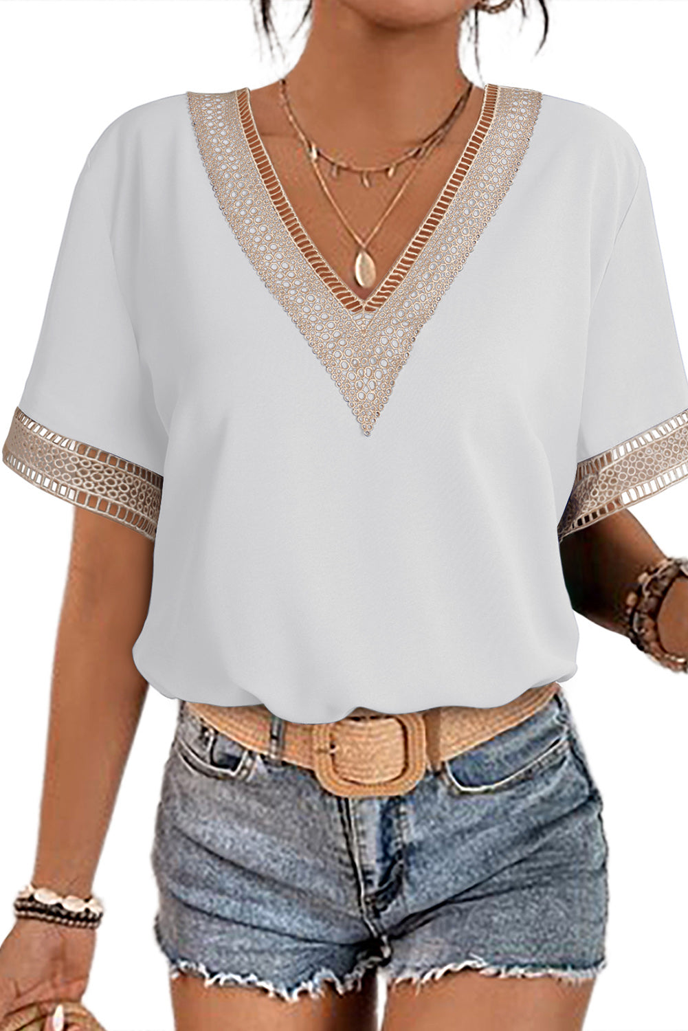 Blue Lace Trim V Neck Short Sleeve Blouse - LA Grand