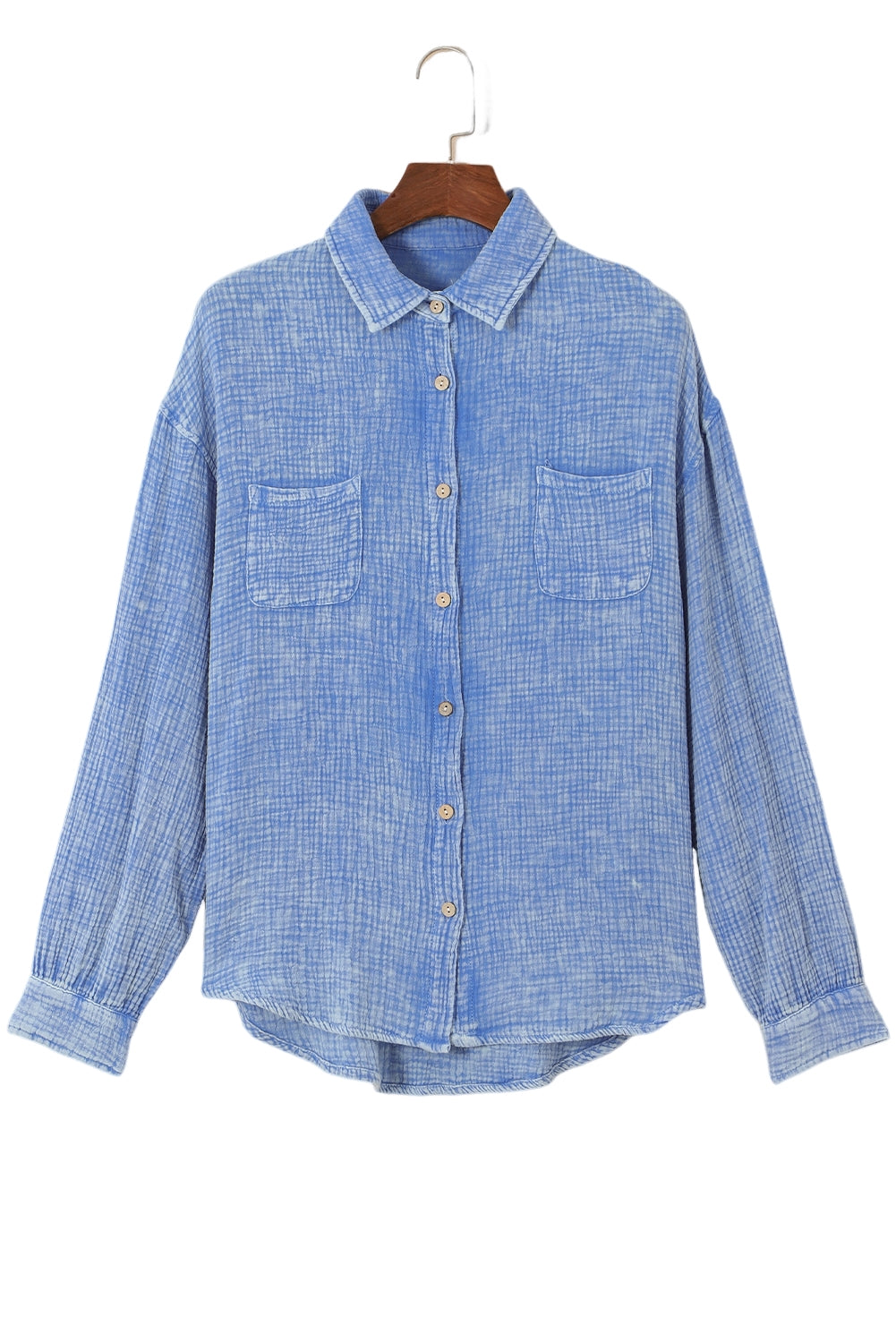 Sky Blue Mineral Wash Crinkle Textured Chest Pockets Shirt - LA Grand