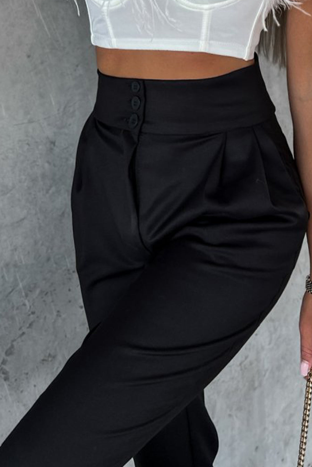 Black Button High Waist Tapered Pants - LA Grand