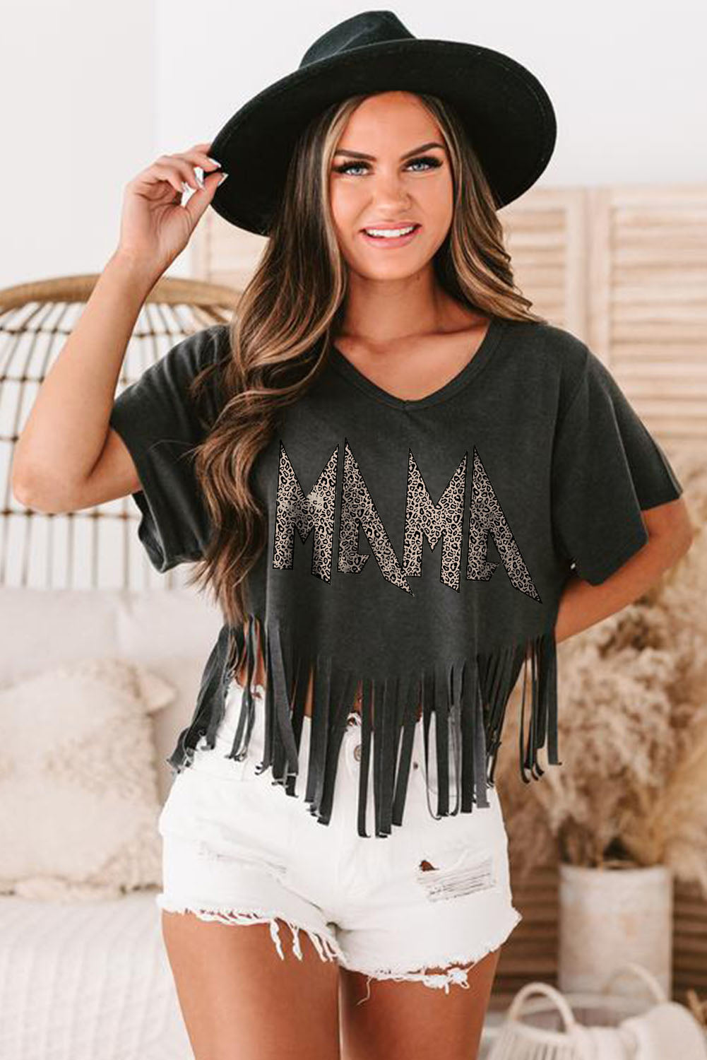 Black Leopard MAMA Fringed Hem Top - LA Grand