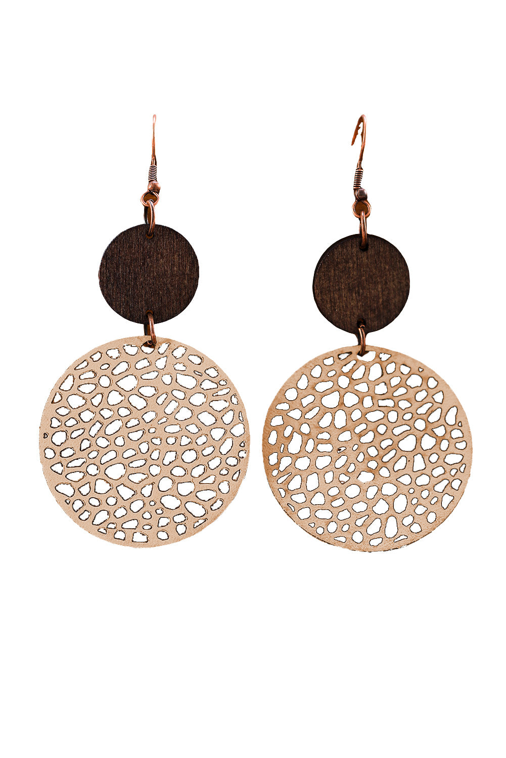 Beige Hollow Out Wooden Round Drop Earrings - LA Grand