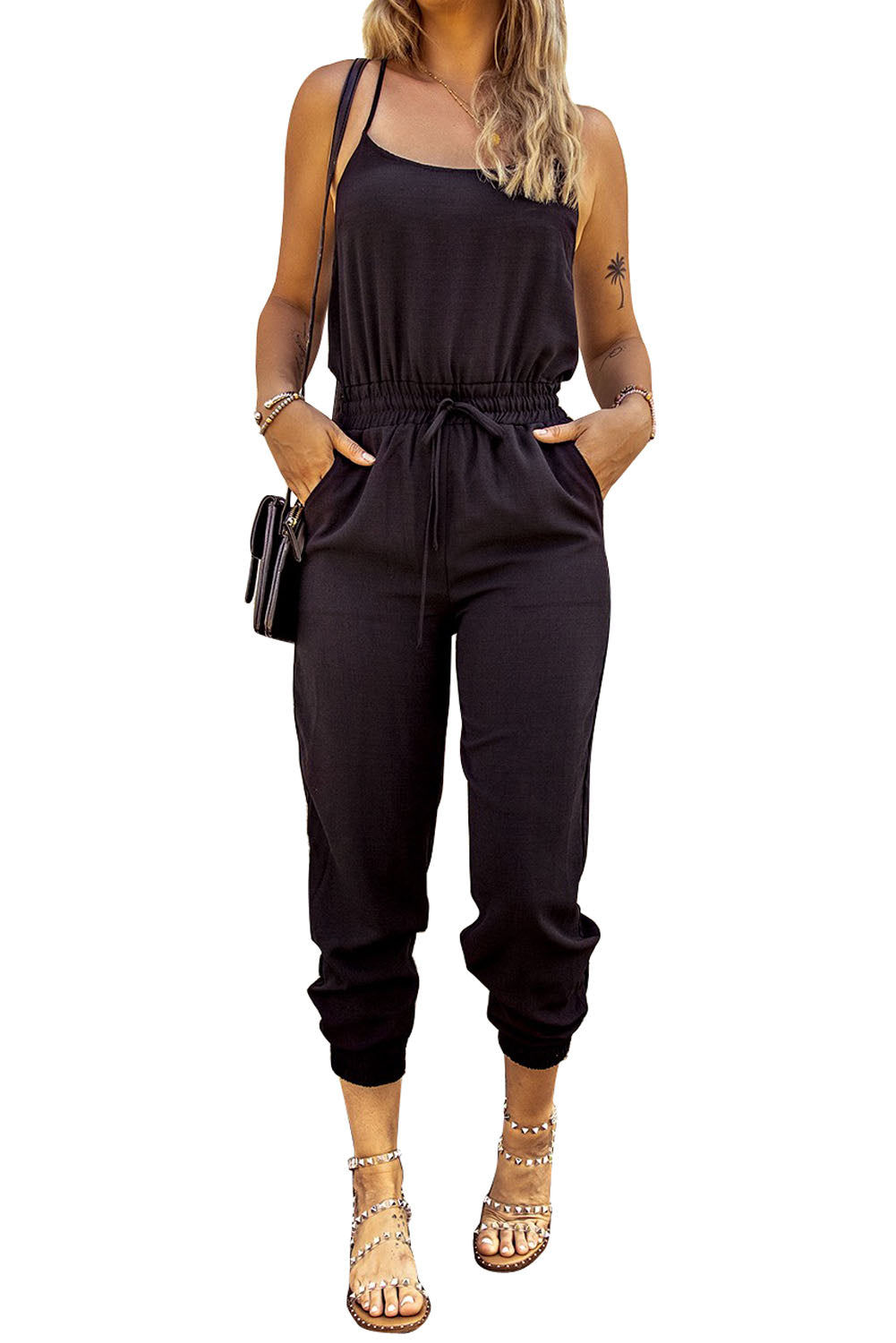 Blue Drawstring Waist Spaghetti Straps Jumpsuit - LA Grand