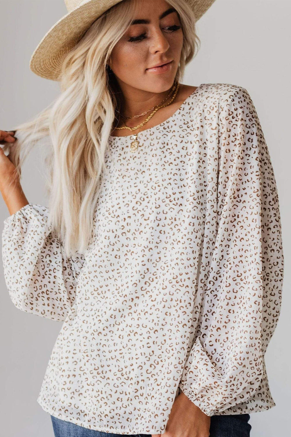 Leopard Crew Neck Long Sleeve Blouse - LA Grand