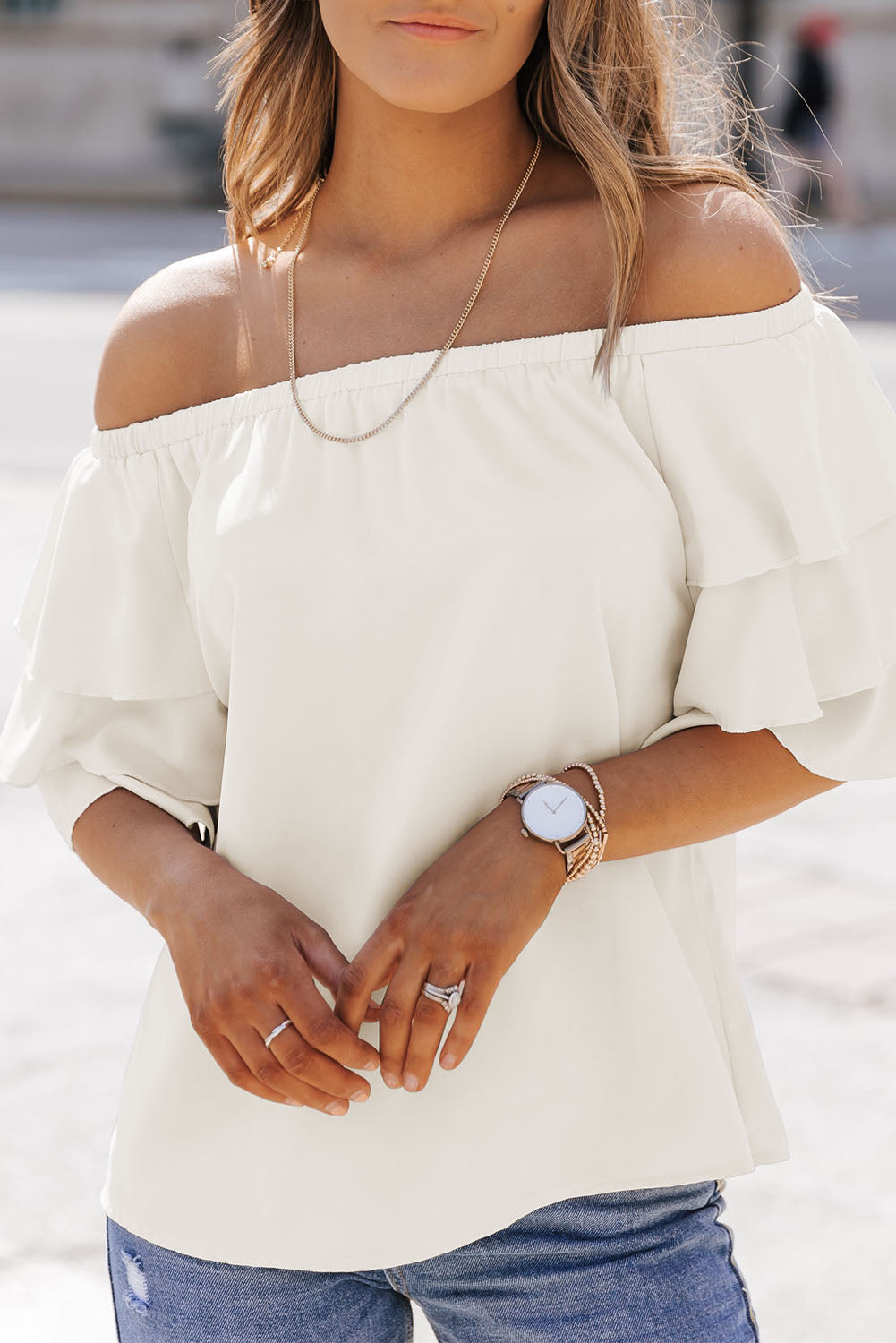 Apricot Tiered Ruffled Half Sleeve Off Shoulder Blouse - LA Grand