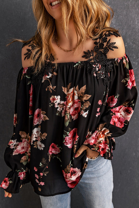 Black Floral Print Lace Patchwork Loose Cold Shoulder Blouse - LA Grand