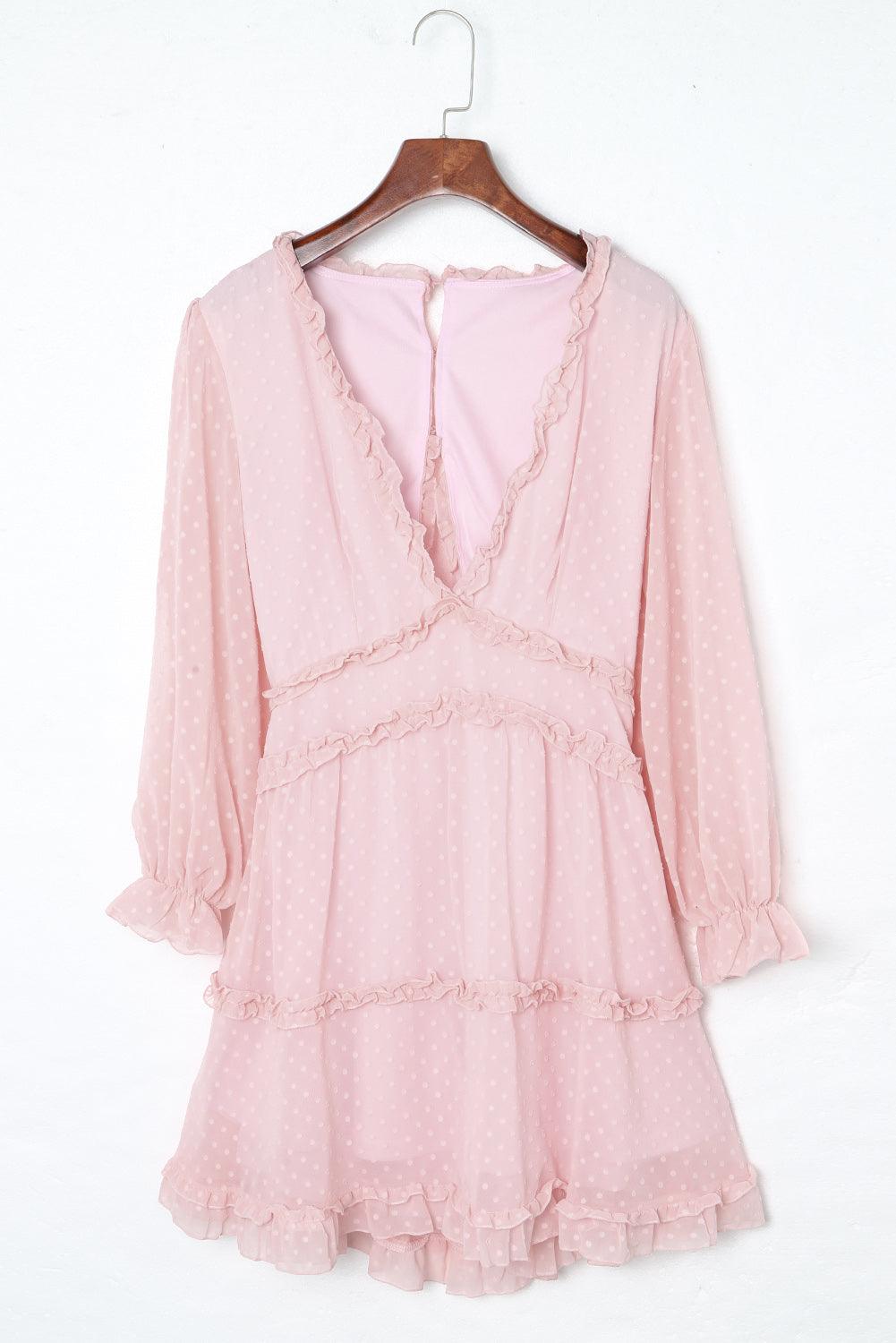 Pink Layered Ruffled Open Back Puff Sleeve Swiss Dot Mini Dress - LA Grand