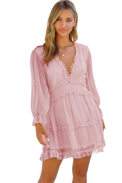 Pink Layered Ruffled Open Back Puff Sleeve Swiss Dot Mini Dress - LA Grand