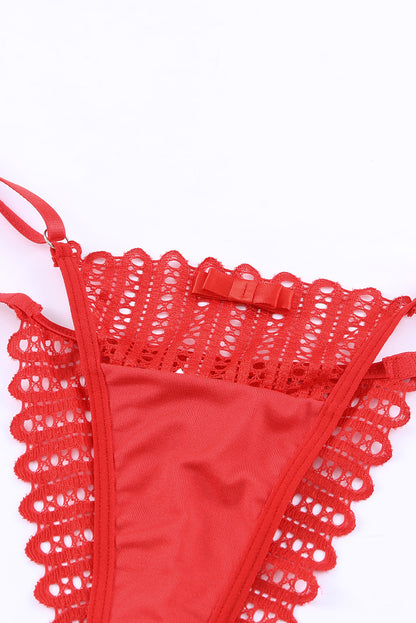 Fiery Red 3pcs Heart Print Mesh Splice Sexy Lingerie Set - LA Grand