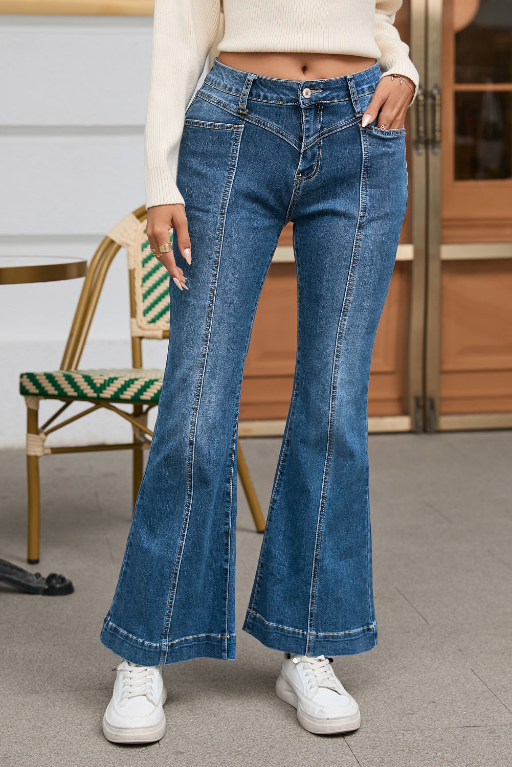 Blue High Waist Seam Stitching Pocket Flare Jeans - LA Grand