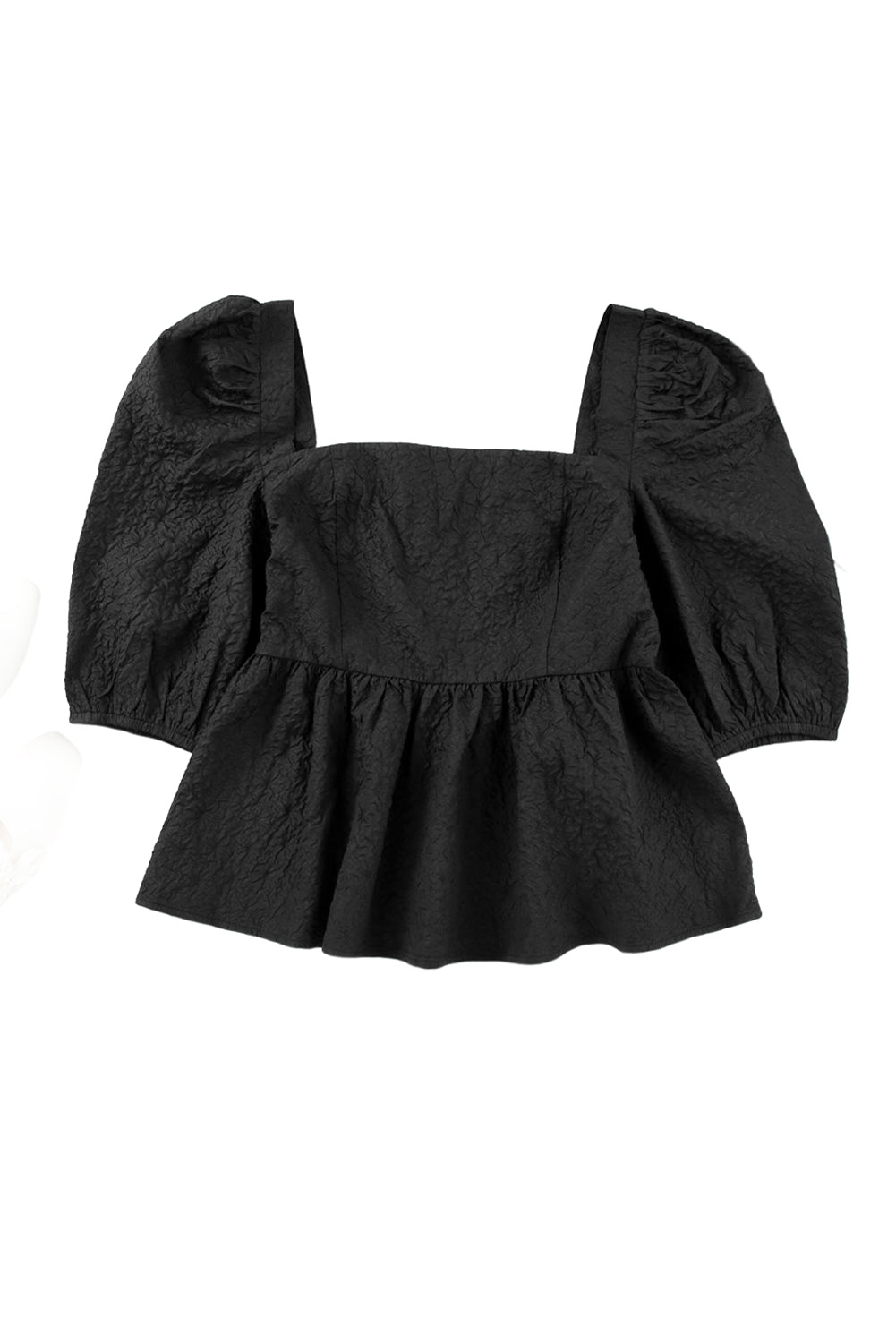 Black Textured Square Neck Puff Sleeve Peplum Blouse - LA Grand