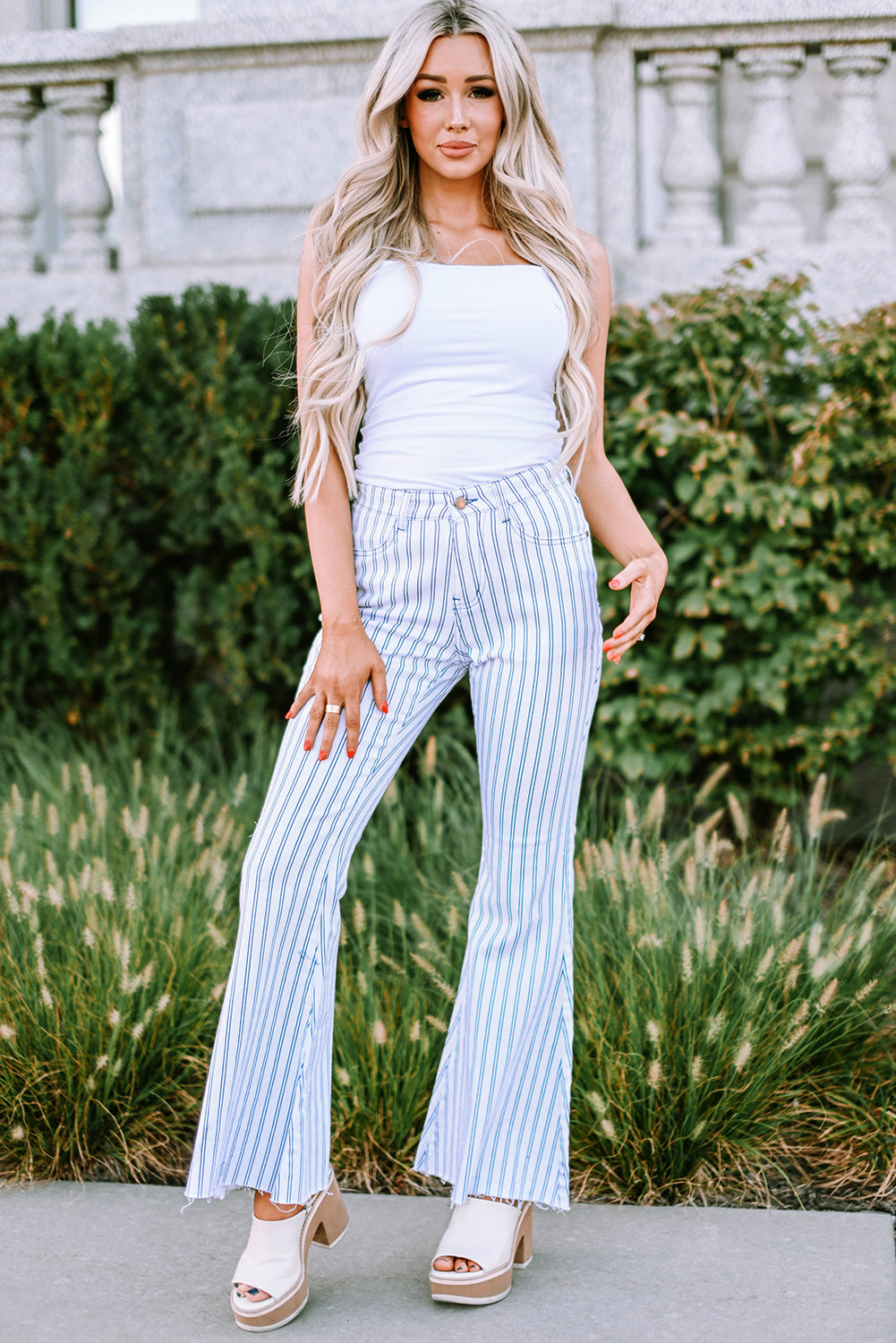 White High Waist Striped Print Flared Pants - LA Grand