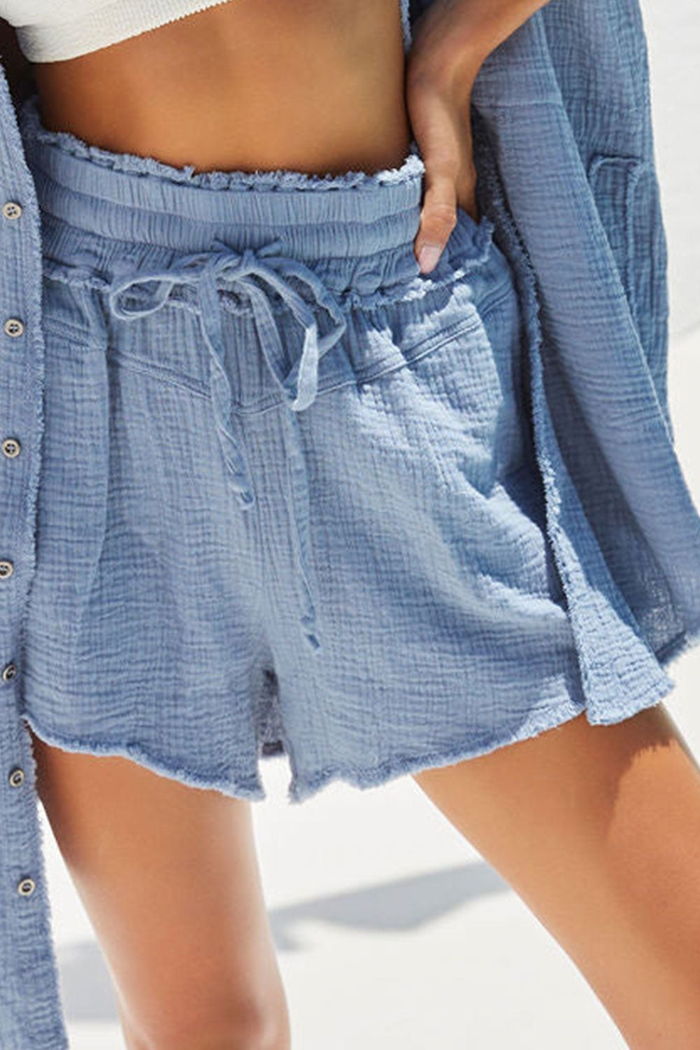 White Crinkled Raw Edge Casual Shorts - LA Grand