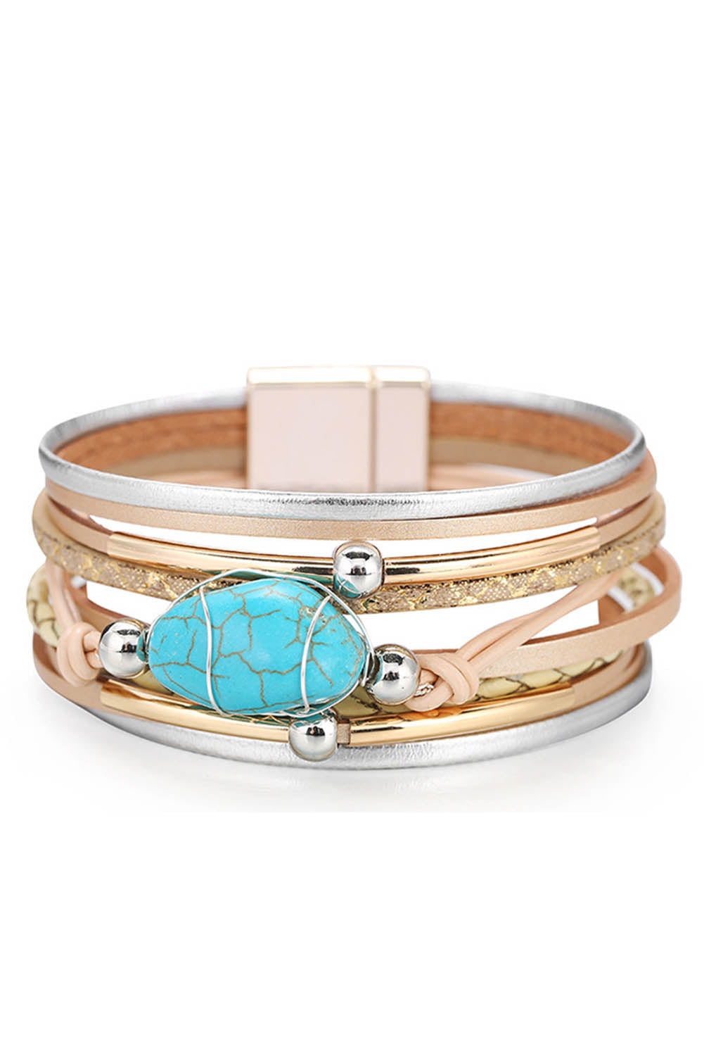 Khaki Multi-layer Leather Turquoise Beaded Bracelet - LA Grand