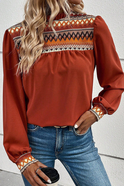 Red Clay Western Geometric Print Bubble Sleeve Frilled Neck Blouse - LA Grand