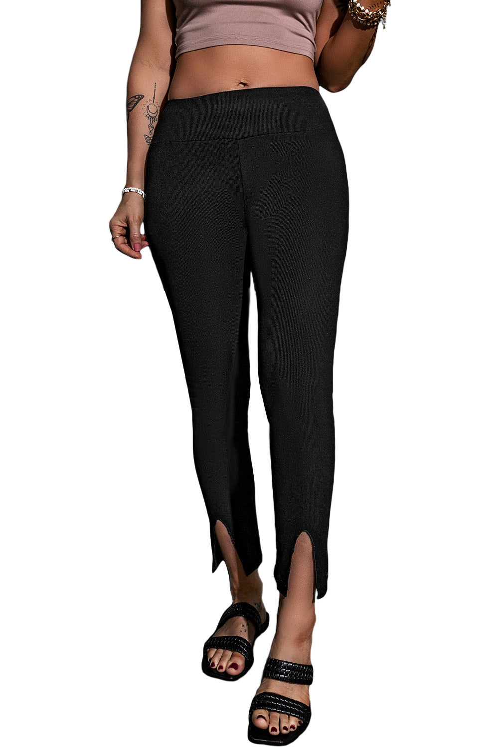 Black Rib Knit High Waist Slit Leggings - LA Grand