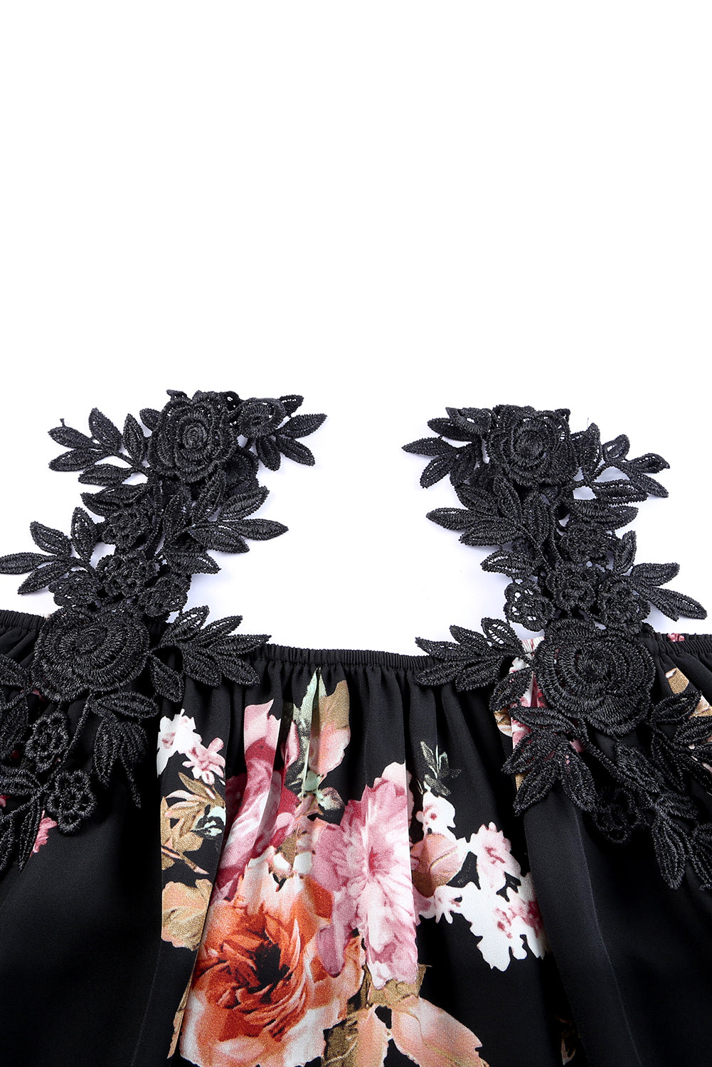 Black Floral Print Lace Patchwork Loose Cold Shoulder Blouse - LA Grand