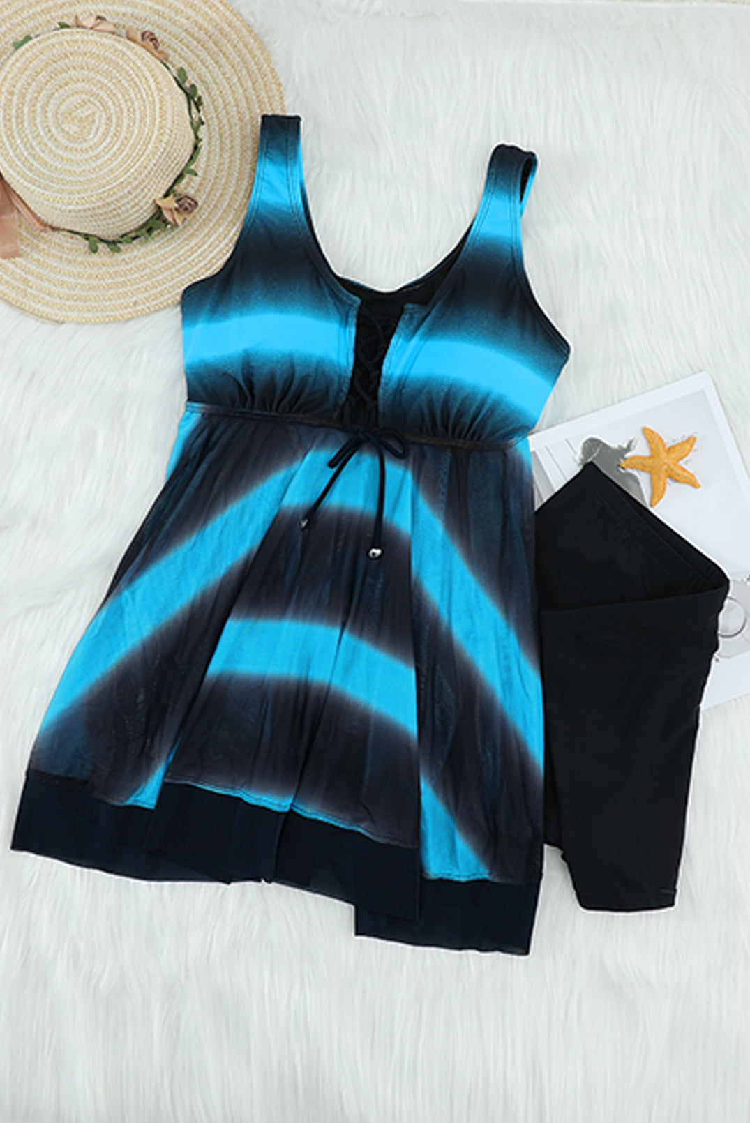 Sky Blue Tie Dye Ombre Swimdress Tankini Set - LA Grand