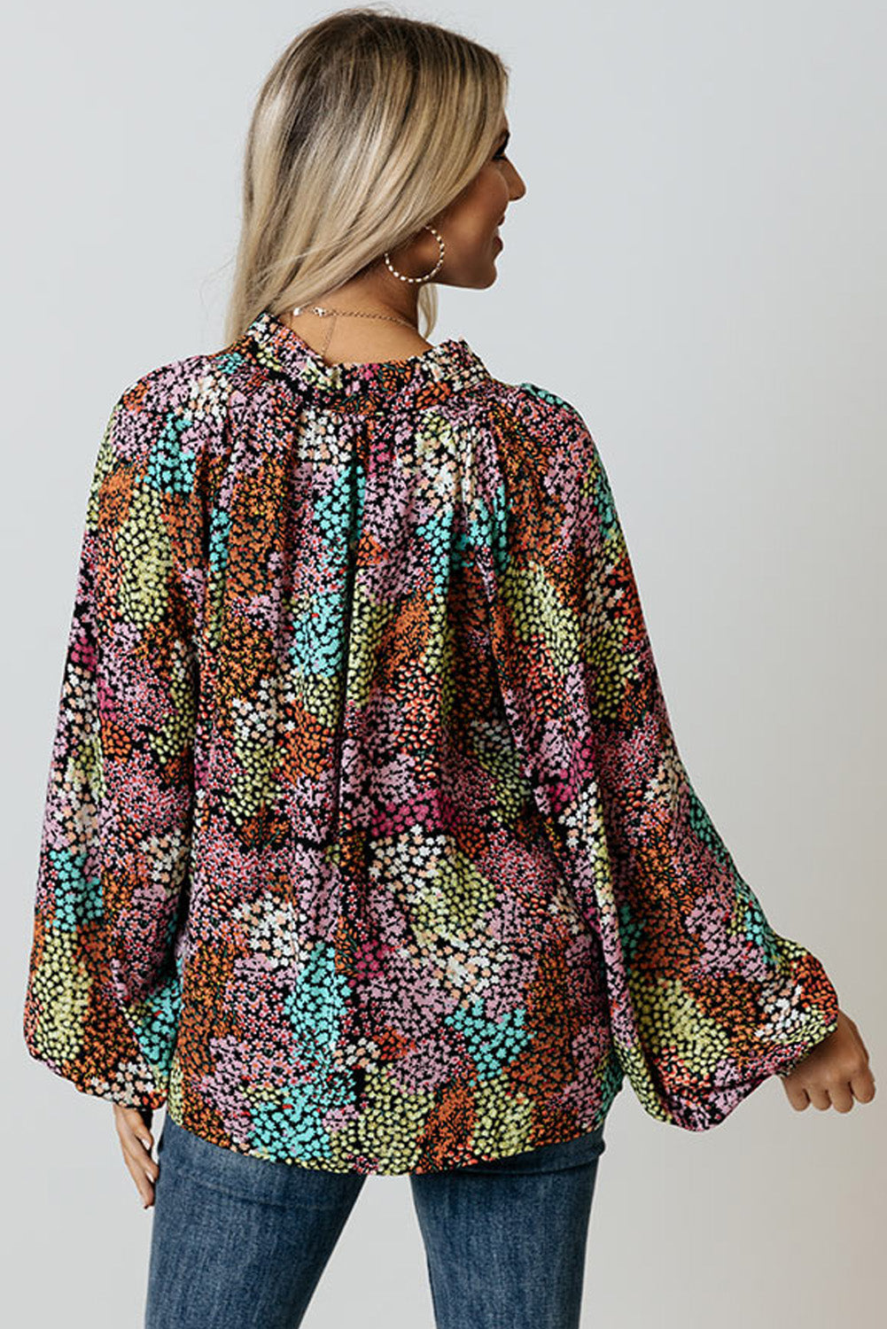 Multicolor Vibrant Floral Tie V Neck Puff Sleeve Blouse - LA Grand