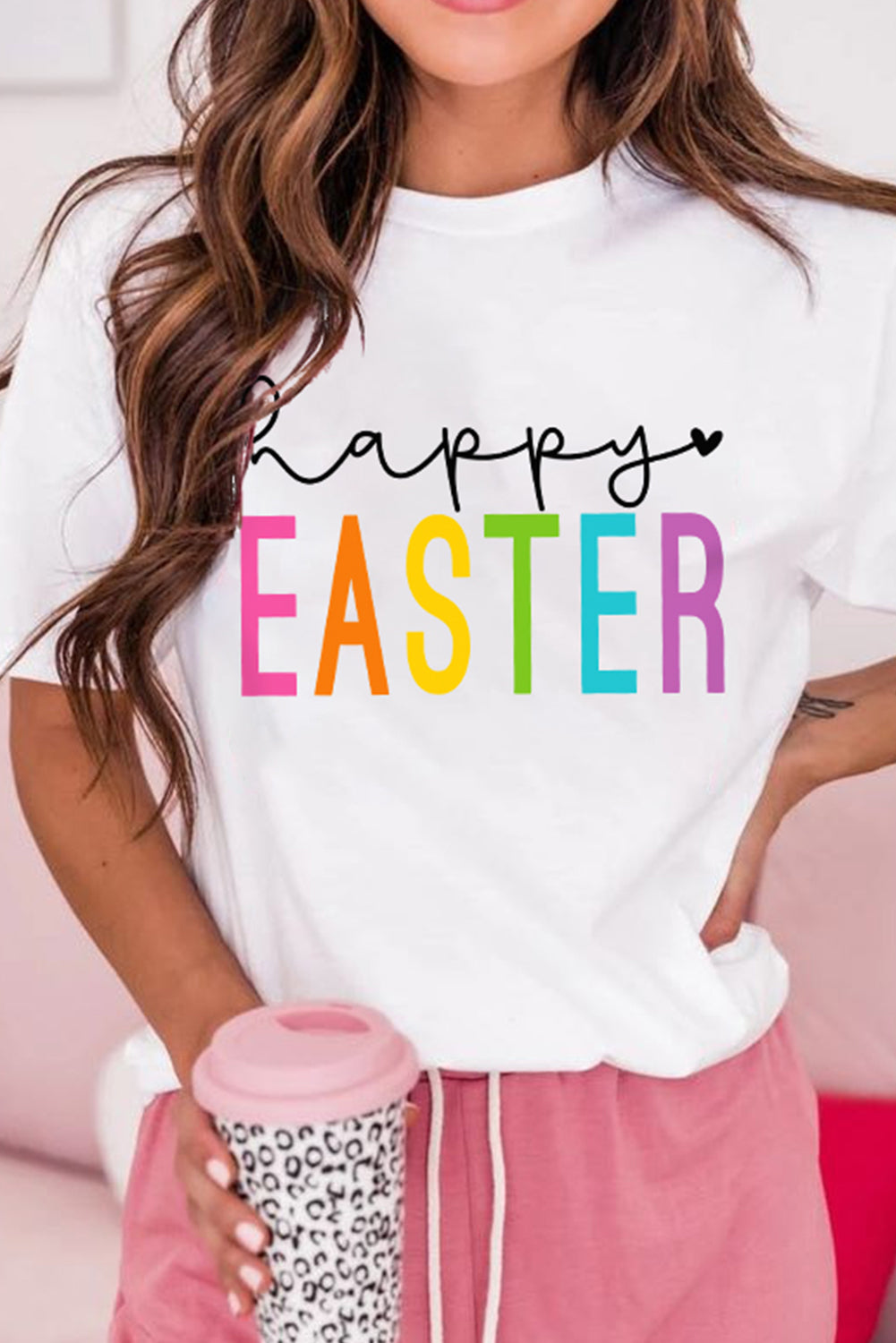 White Happy EASTER Round Neck Graphic Tee - LA Grand