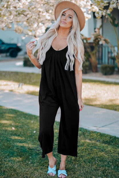 Black Spaghetti Straps Wide Leg Pocketed Jumpsuits - LA Grand